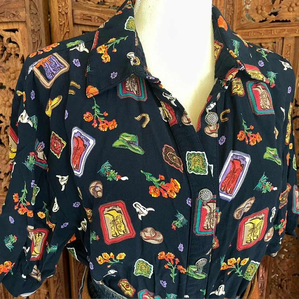 Vintage Western Cowgirl boots hat floral Print button down Shirt - Picture 7 of 12